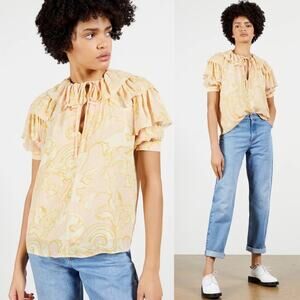 Ted Baker Yellow and Pink Ruffled Short Sleeve Blouse